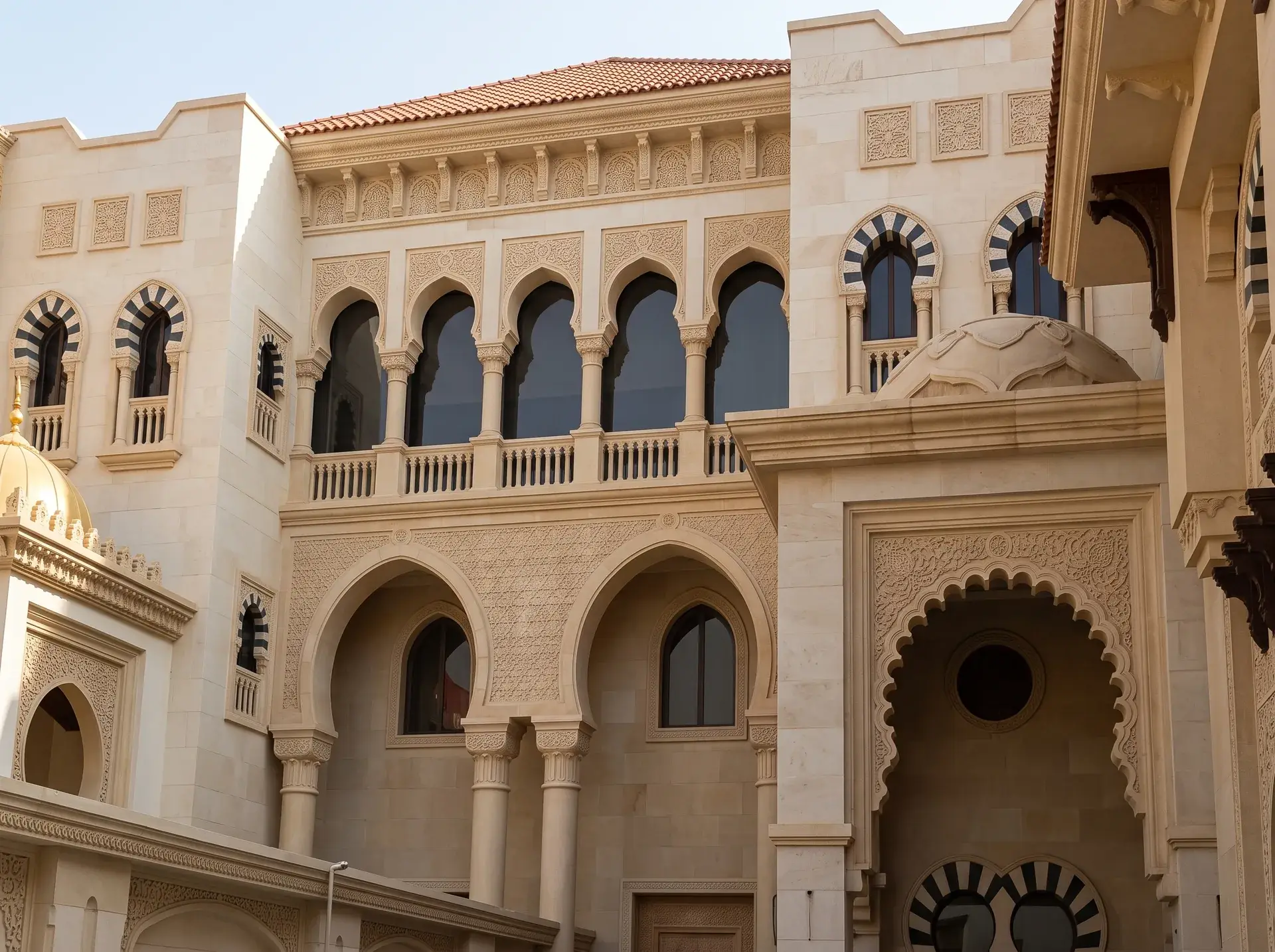 واجهة معمارية بأقواس ونوافذ مقوسة من أعمال الطيف المعمارية